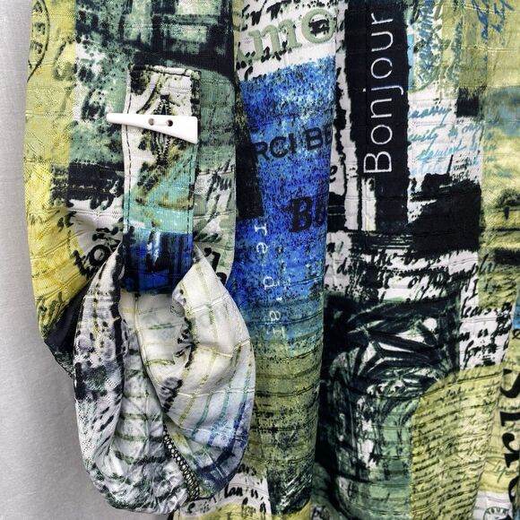 NWT ALI MILES Tunic Blouse Button Paris Roll Tab Long Sleeve Womens L Green Blue - Picture 9 of 13